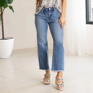Risen Straight High Rise Ankle Jeans Released Hem Crop Stretch Denim New